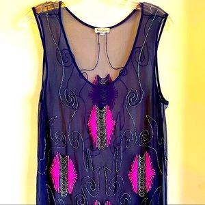 Anthropologie Foley+Corinna Designer Stunning Sheer Navy Beaded Mini Tunic Dress